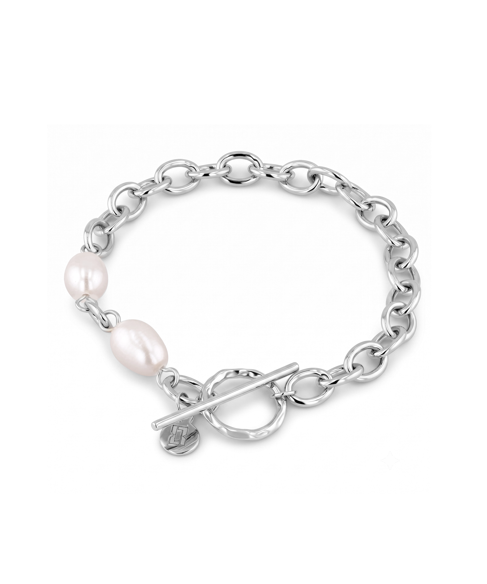 Cannes Silver Pearl T-Bar Bracelet by Lavana, oval link chain with freshwater pearls and front toggle