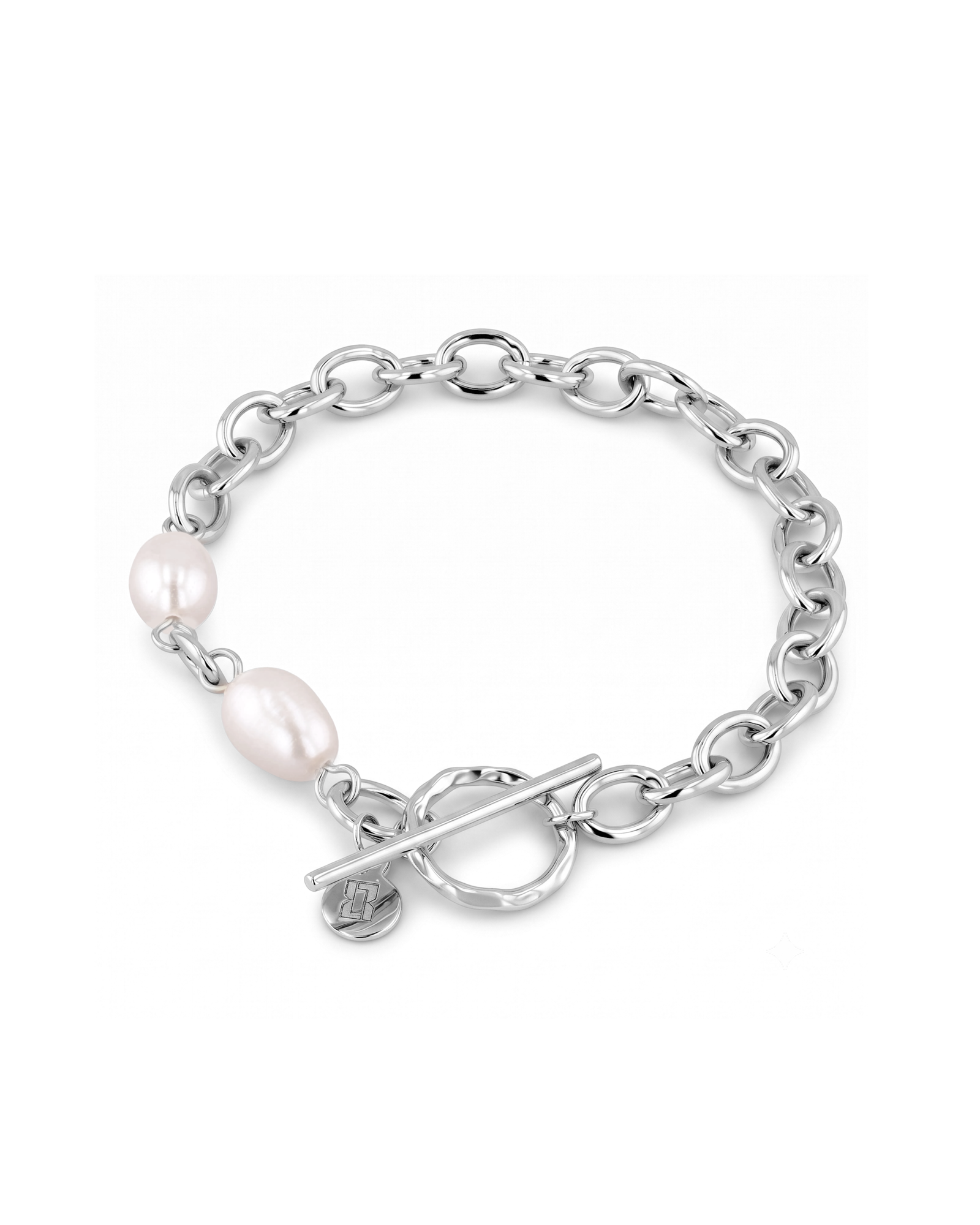Cannes Silver Pearl T-Bar Bracelet by Lavana, oval link chain with freshwater pearls and front toggle