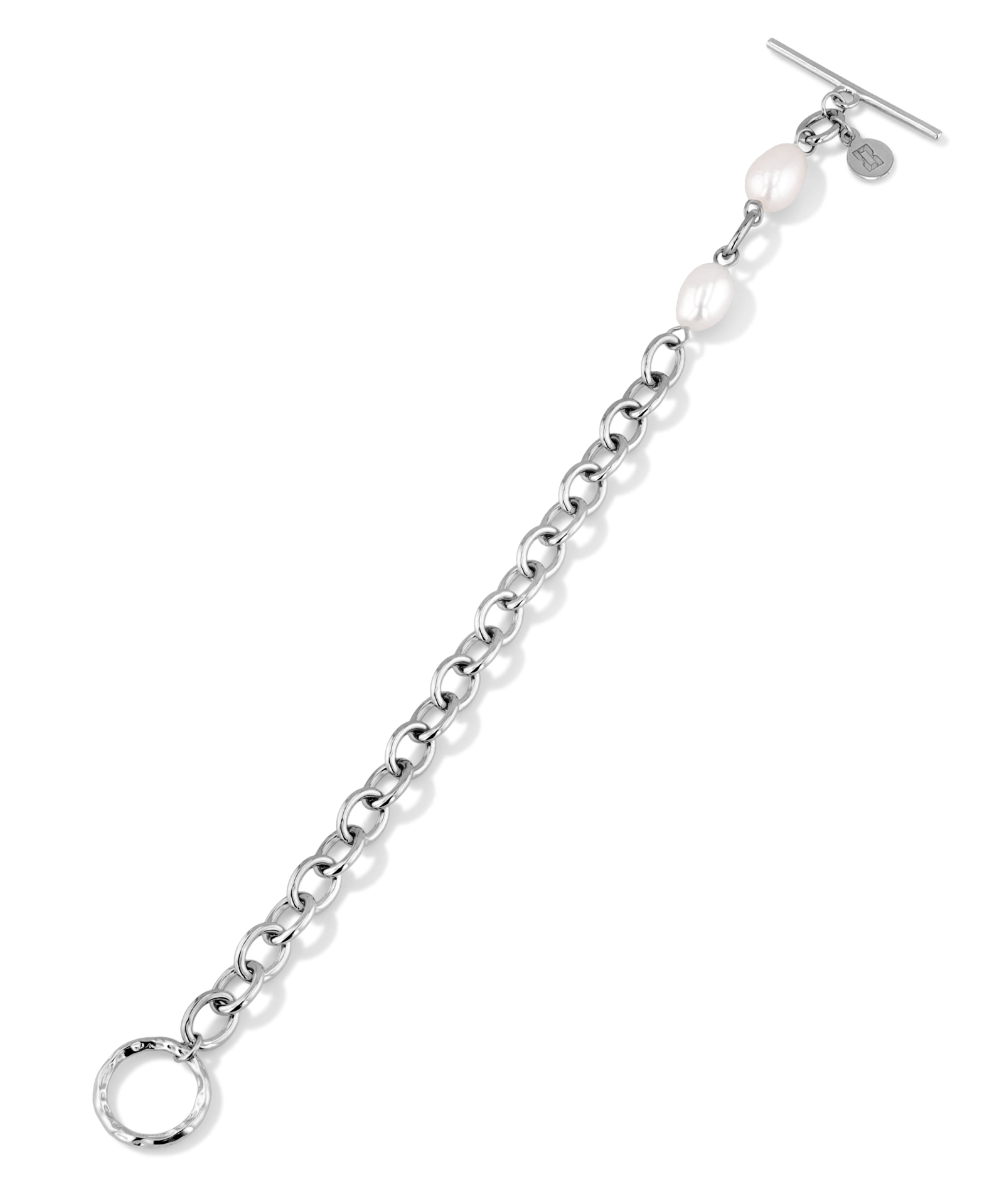 Cannes Silver Pearl T-Bar Bracelet by Lavana, oval link chain with freshwater pearls and front toggle