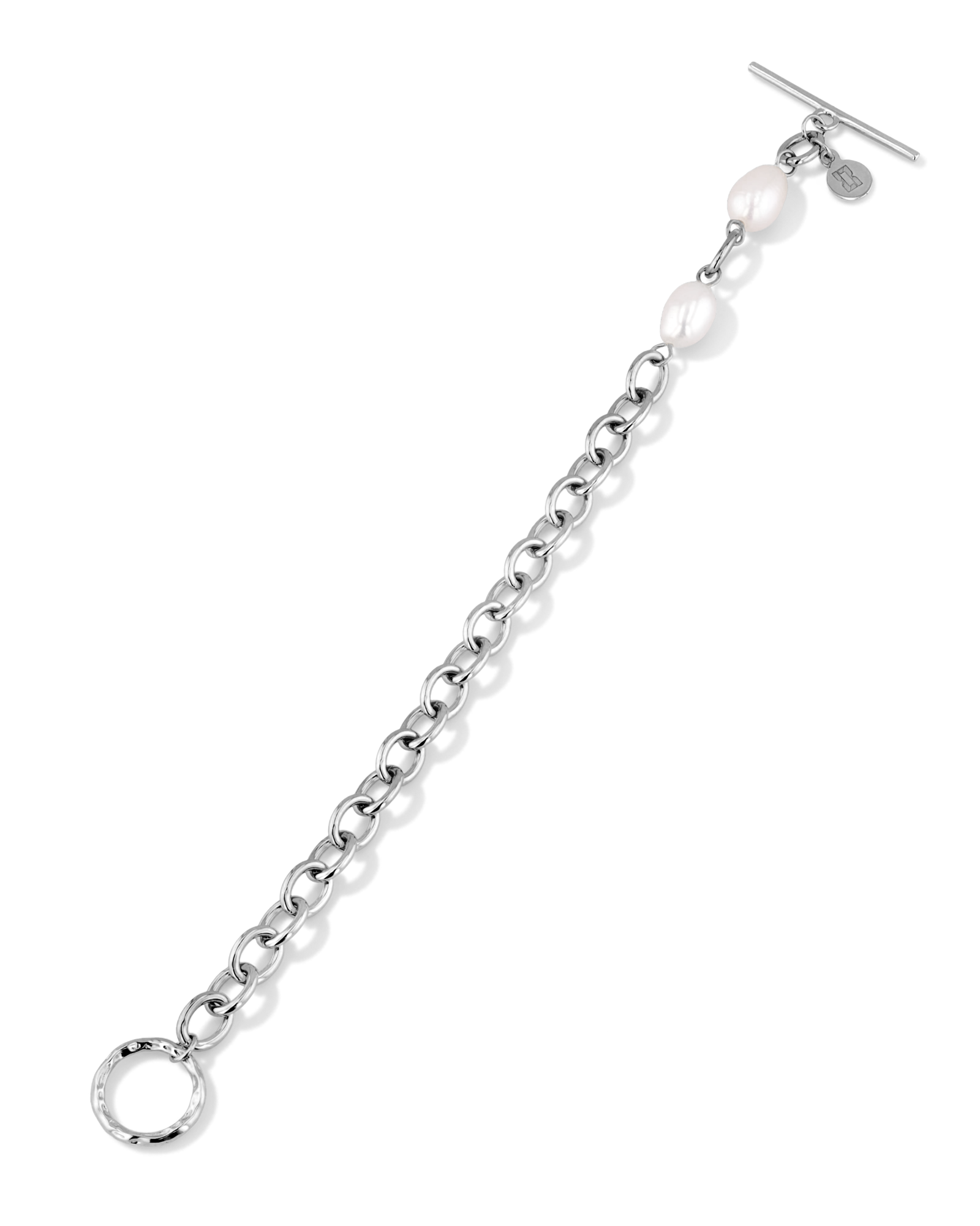 Cannes Silver Pearl T-Bar Bracelet by Lavana, oval link chain with freshwater pearls and front toggle