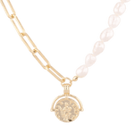 Capri Gold Pearl Necklace by Lavana, half paperclip chain half freshwater pearls with coin charm