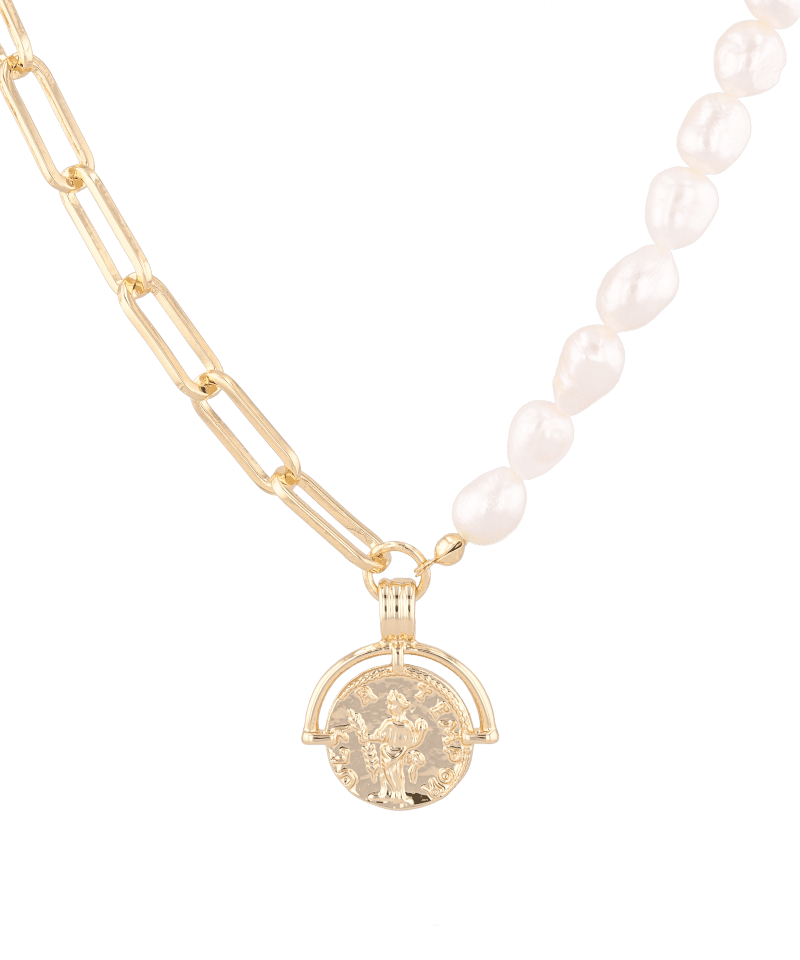Capri Gold Pearl Necklace by Lavana, half paperclip chain half freshwater pearls with coin charm