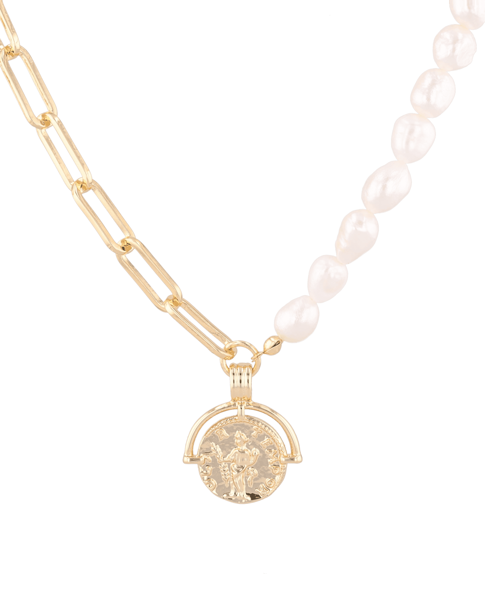Capri Gold Pearl Necklace by Lavana, half paperclip chain half freshwater pearls with coin charm
