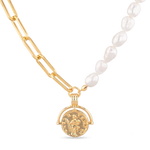 Capri Gold Pearl Necklace by Lavana, half paperclip chain half freshwater pearls with coin charm