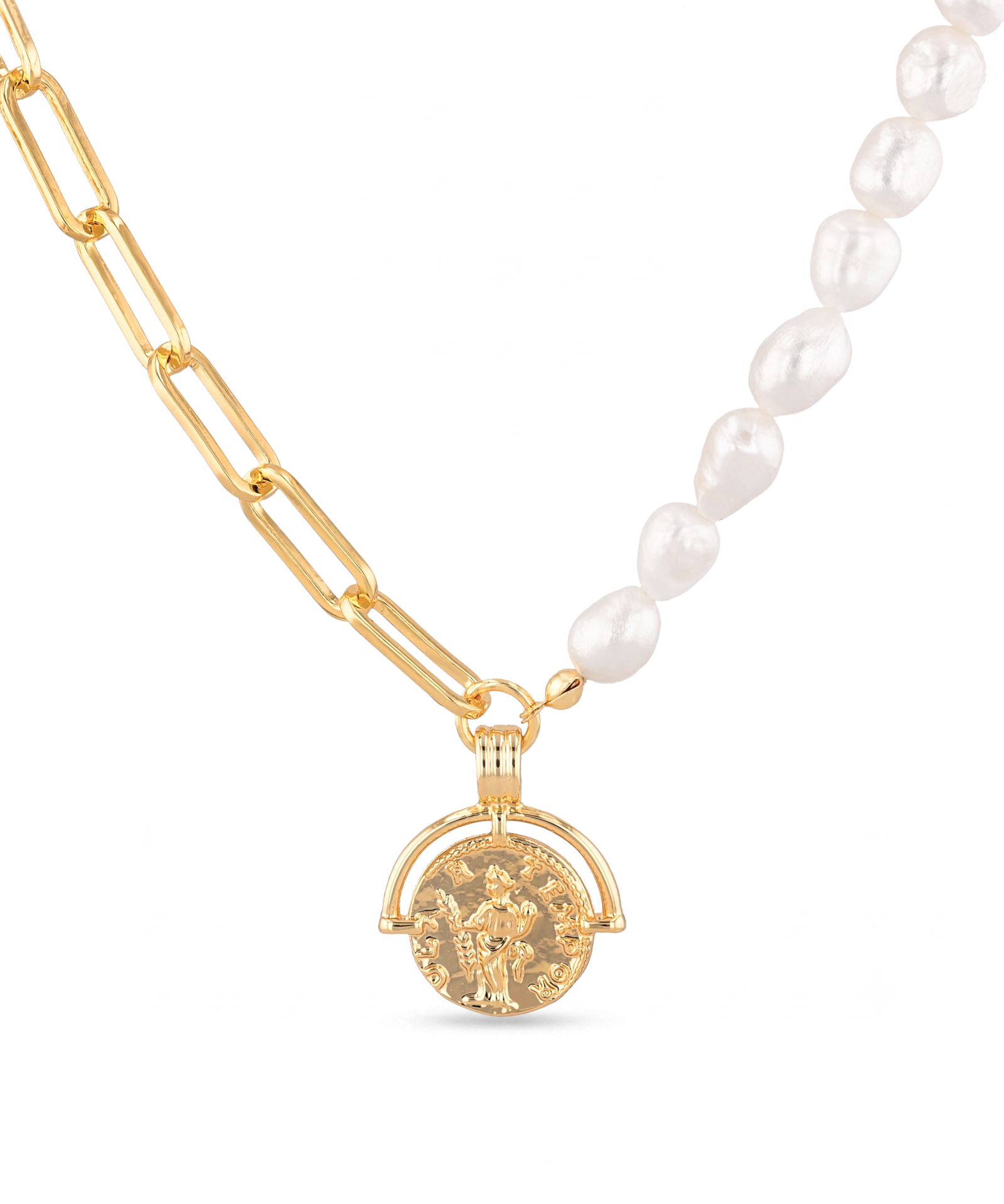Capri Gold Pearl Necklace by Lavana, half paperclip chain half freshwater pearls with coin charm