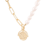 Capri Gold Pearl Necklace by Lavana, half paperclip chain half freshwater pearls with coin charm