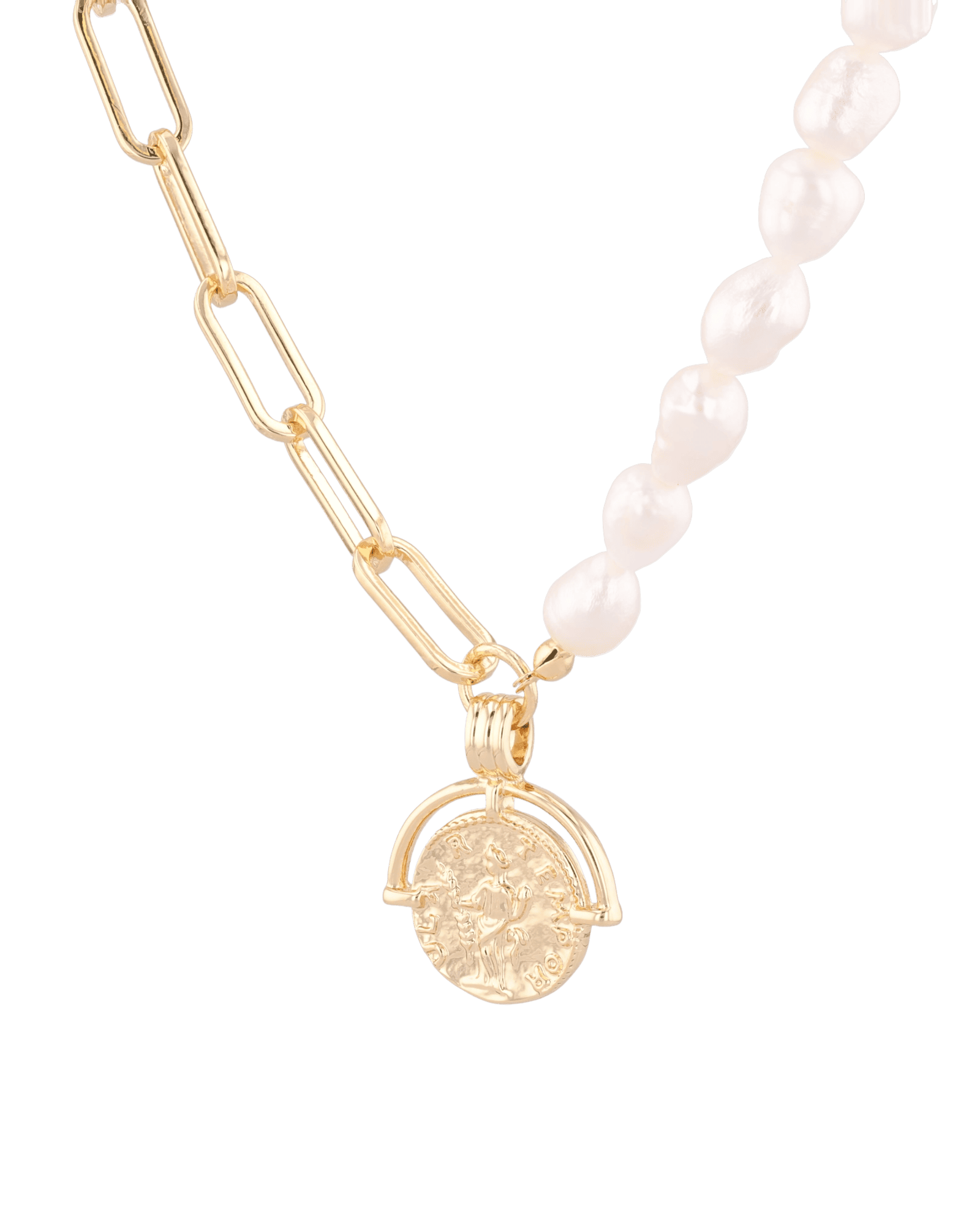 Capri Gold Pearl Necklace by Lavana, half paperclip chain half freshwater pearls with coin charm