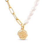 Capri Gold Pearl Necklace by Lavana, half paperclip chain half freshwater pearls with coin charm