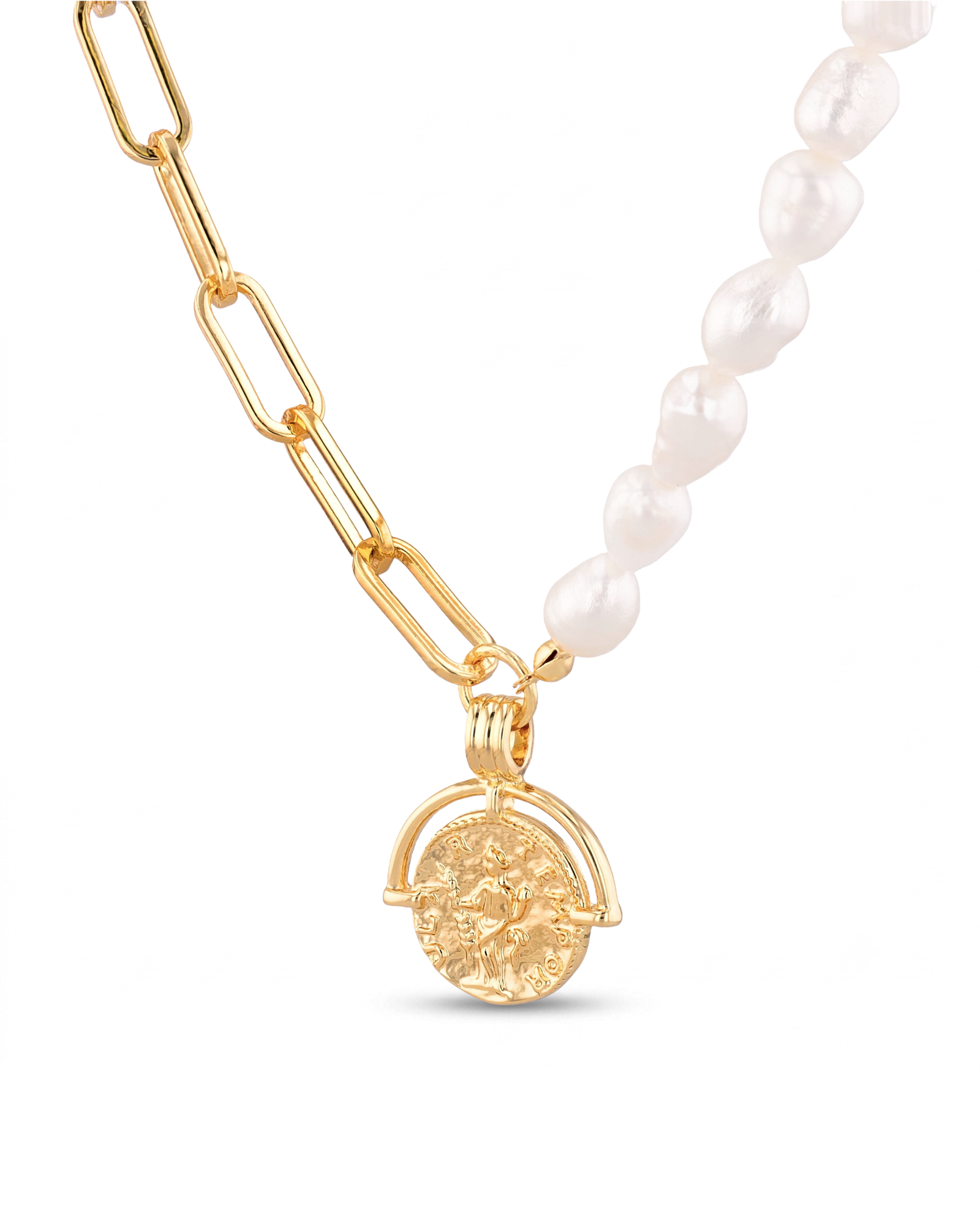 Capri Gold Pearl Necklace by Lavana, half paperclip chain half freshwater pearls with coin charm