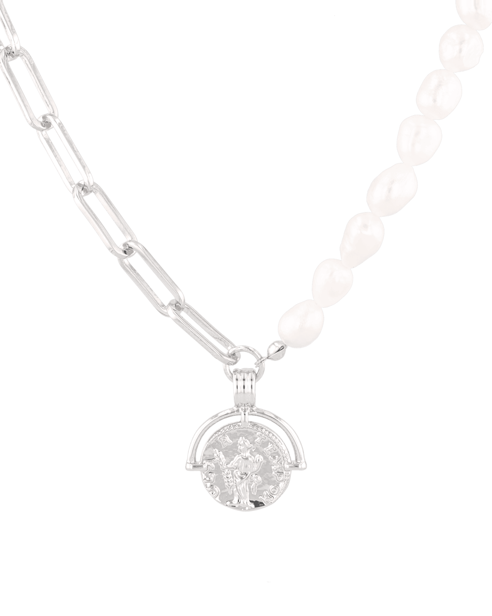 Capri Silver Pearl Necklace by Lavana, half paperclip chain half freshwater pearls with coin charm