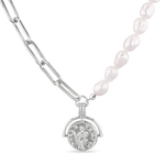 Capri Silver Pearl Necklace by Lavana, half paperclip chain half freshwater pearls with coin charm