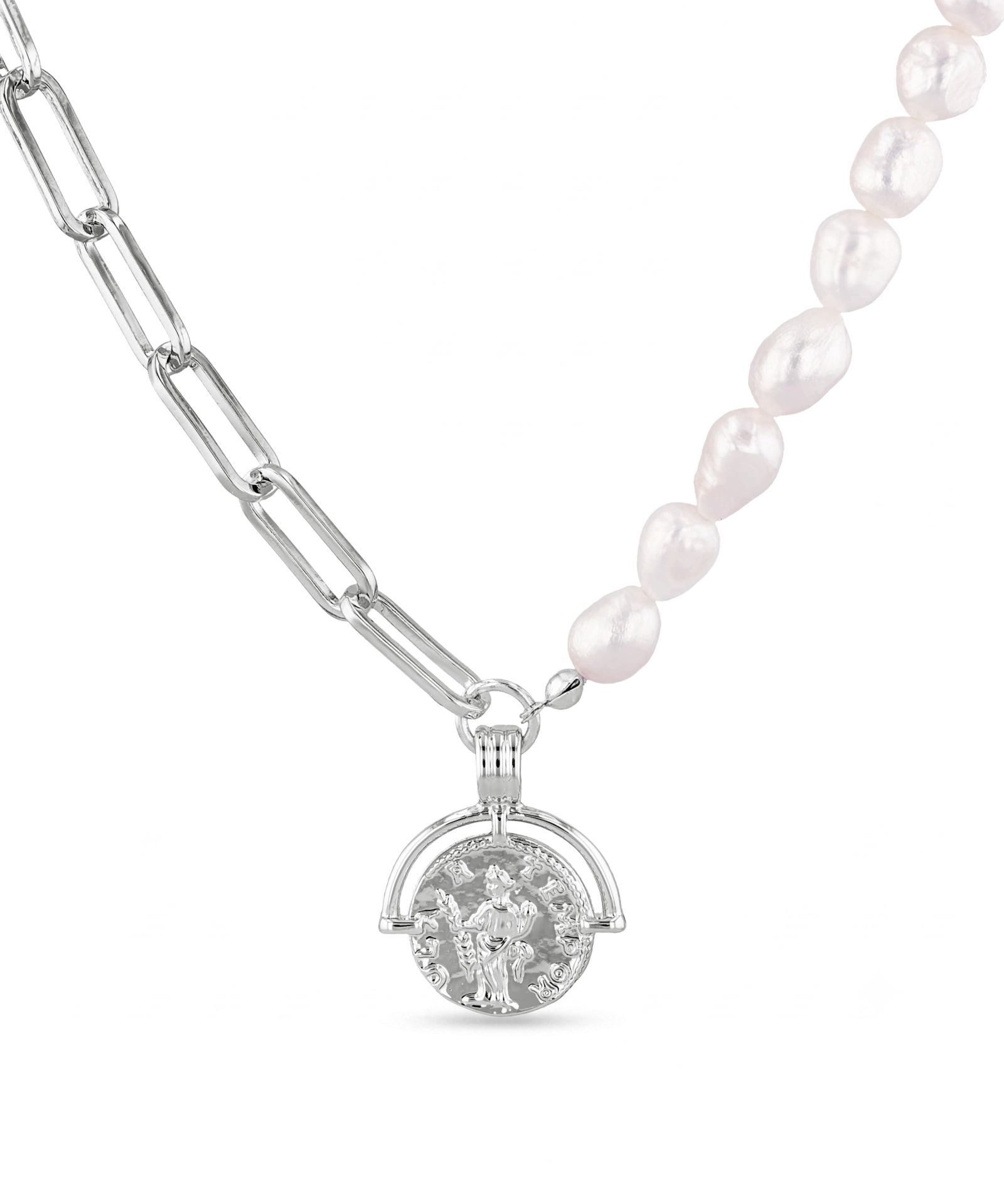 Capri Silver Pearl Necklace by Lavana, half paperclip chain half freshwater pearls with coin charm