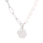 Capri Silver Pearl Necklace by Lavana, half paperclip chain half freshwater pearls with coin charm