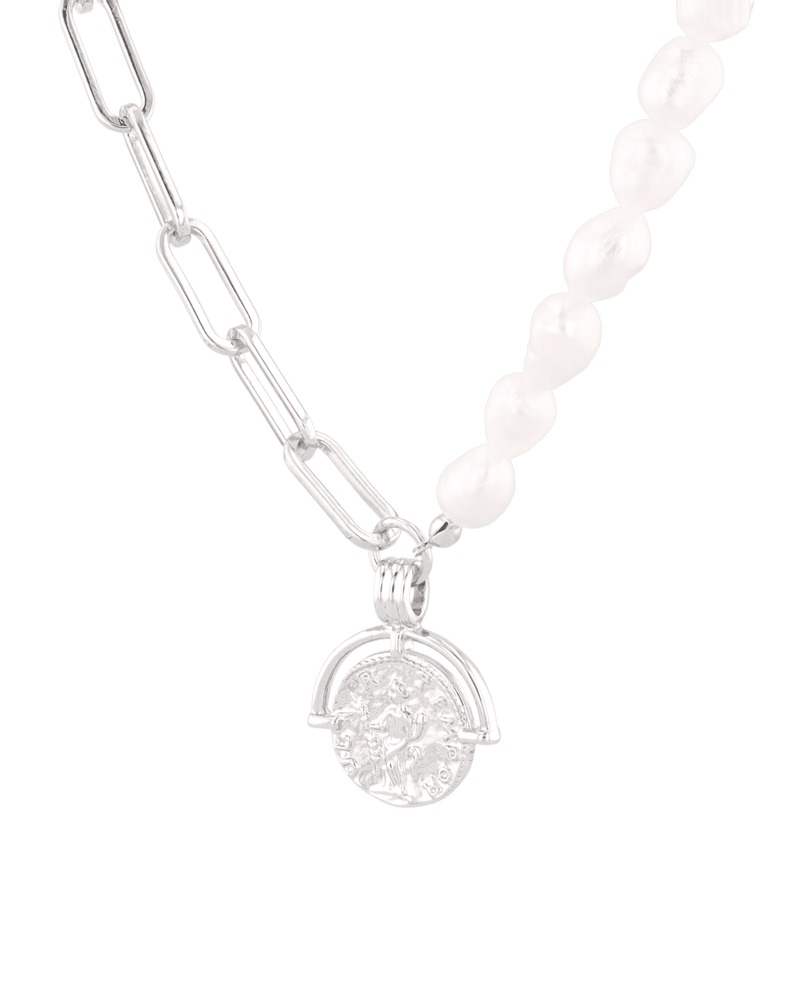 Capri Silver Pearl Necklace by Lavana, half paperclip chain half freshwater pearls with coin charm