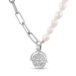 Capri Silver Pearl Necklace by Lavana, half paperclip chain half freshwater pearls with coin charm