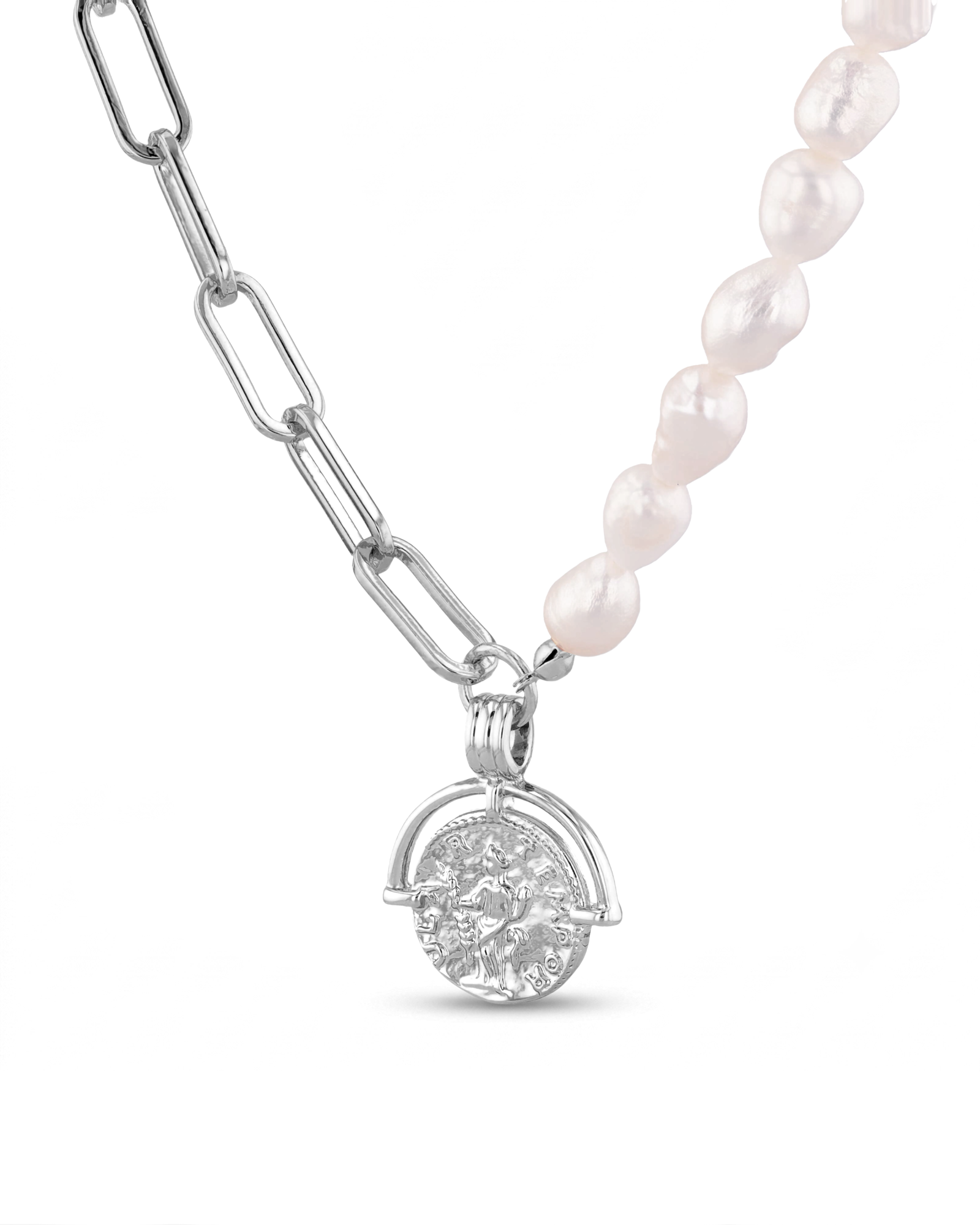 Capri Silver Pearl Necklace by Lavana, half paperclip chain half freshwater pearls with coin charm