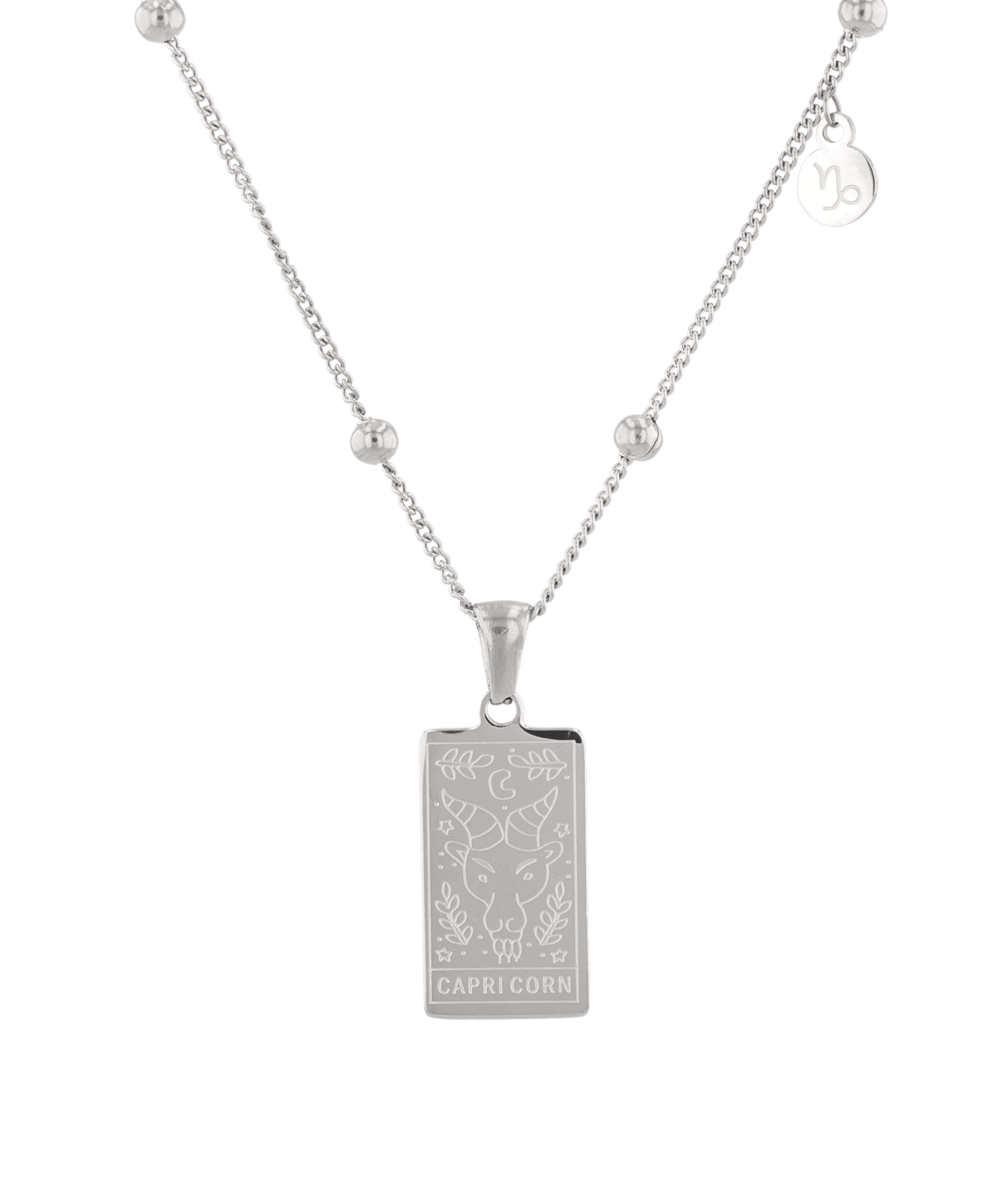 Capricorn Silver Zodiac Tag Necklace by Lavana, engraved tag on beaded chain front