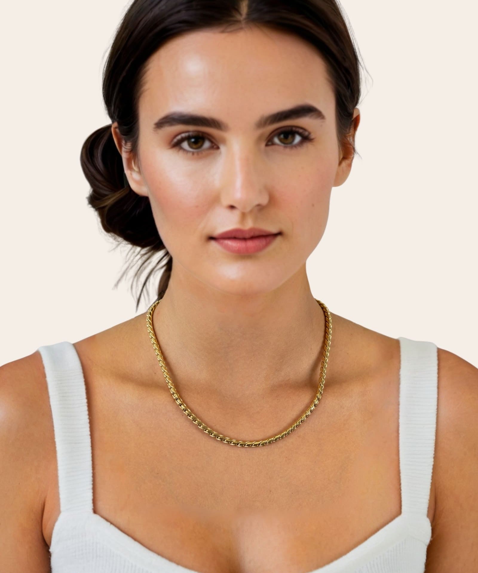 Core gold chain necklace by Lavana, on model with sleek cord style links