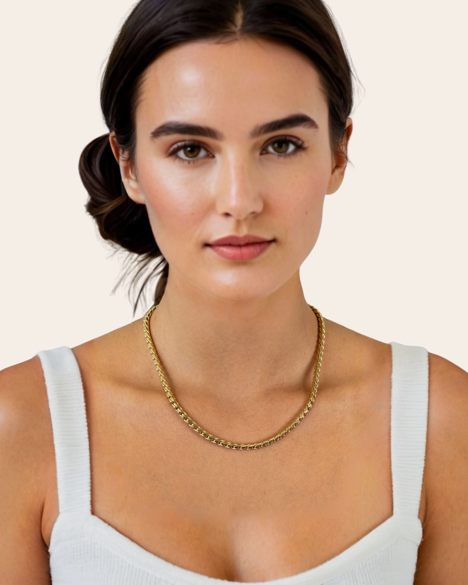 Core gold chain necklace by Lavana, on model with sleek cord style links