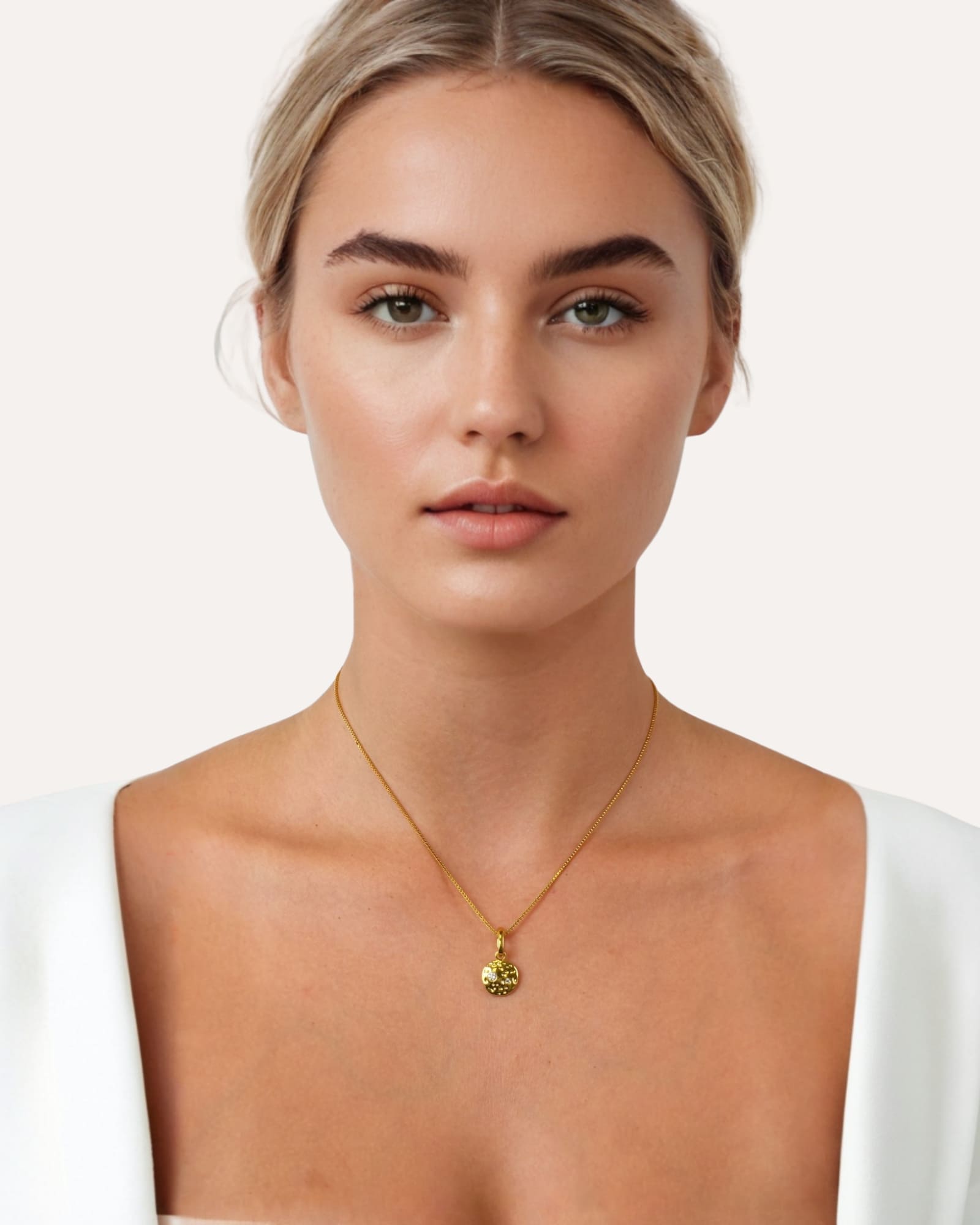 Cosmo Gold Diamond Disc Pendant by Lavana, on model; with lab grown diamonds