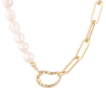 Costa Rica Gold Charm Necklace by Lavana, half pearl half paperclip chain with openable heart clasp