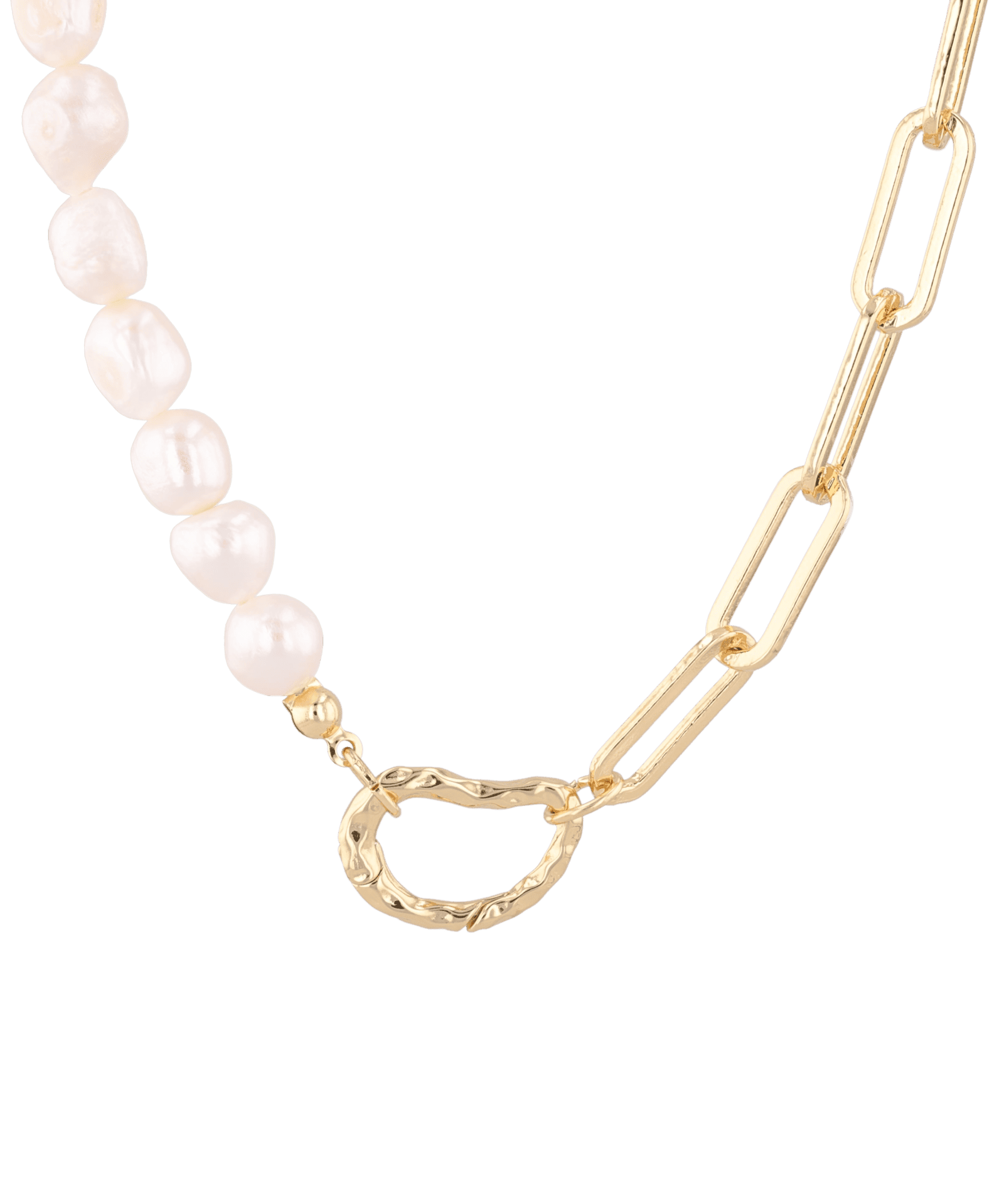 Costa Rica Gold Charm Necklace by Lavana, half pearl half paperclip chain with openable heart clasp