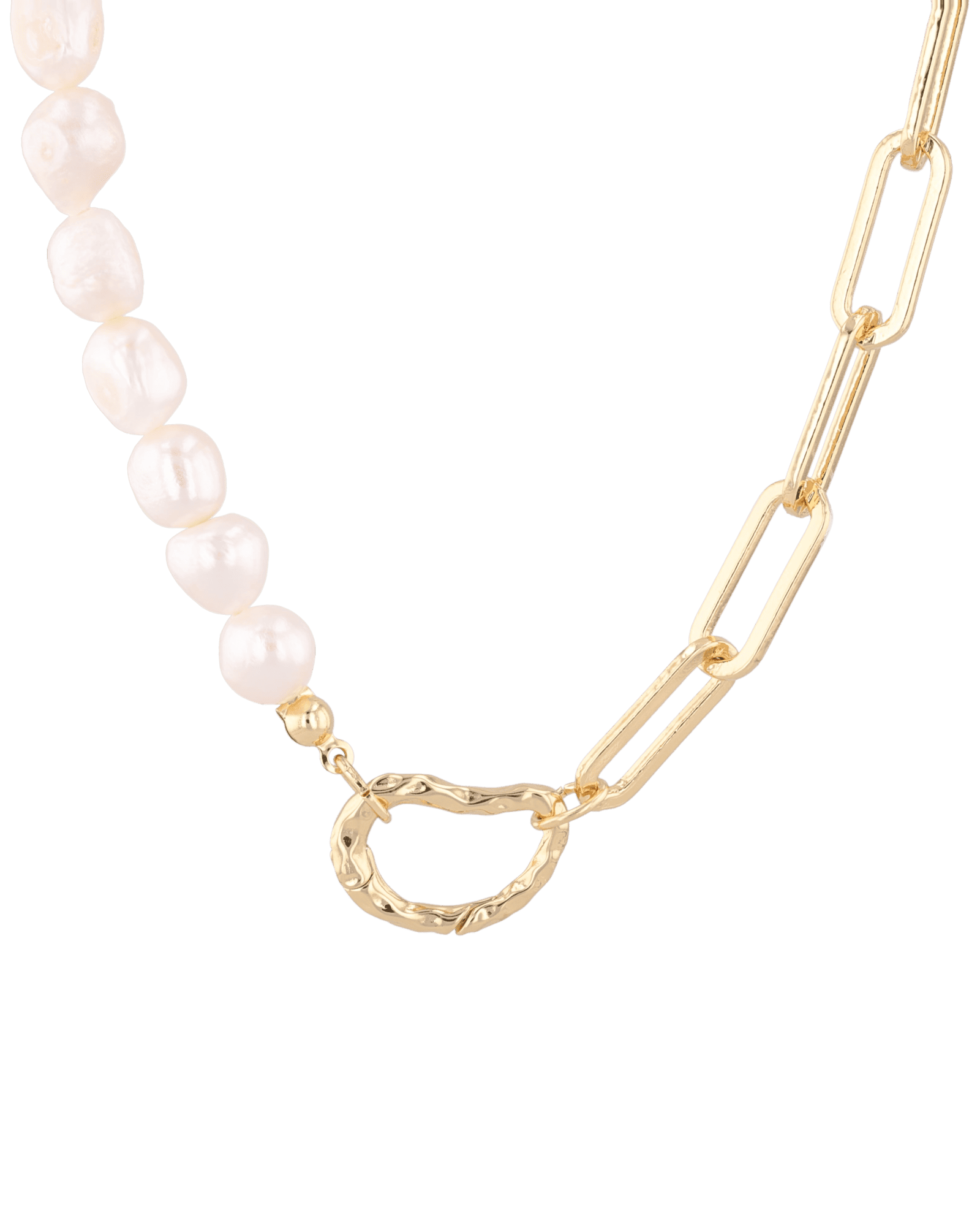 Costa Rica Gold Charm Necklace by Lavana, half pearl half paperclip chain with openable heart clasp