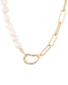 Costa Rica Gold Charm Necklace by Lavana, half pearl half paperclip chain with openable heart clasp