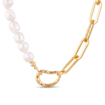 Costa Rica Gold Charm Necklace by Lavana, half pearl half paperclip chain with openable heart clasp
