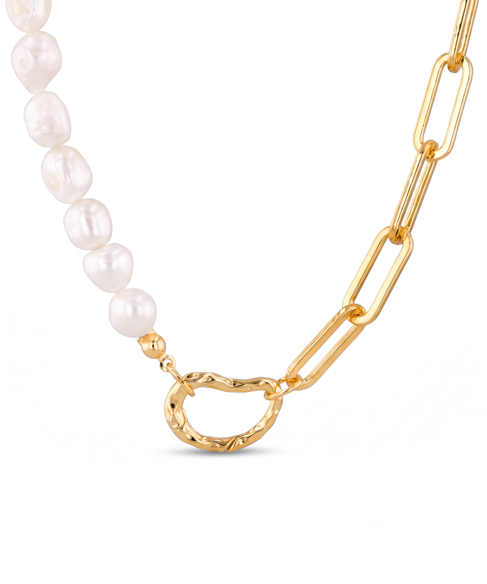 Costa Rica Gold Charm Necklace by Lavana, half pearl half paperclip chain with openable heart clasp