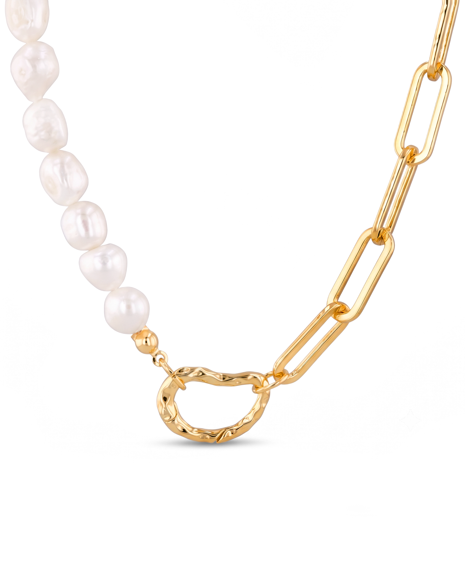 Costa Rica Gold Charm Necklace by Lavana, half pearl half paperclip chain with openable heart clasp
