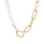 Costa Rica Gold Charm Necklace by Lavana, half pearl half paperclip chain with openable heart clasp