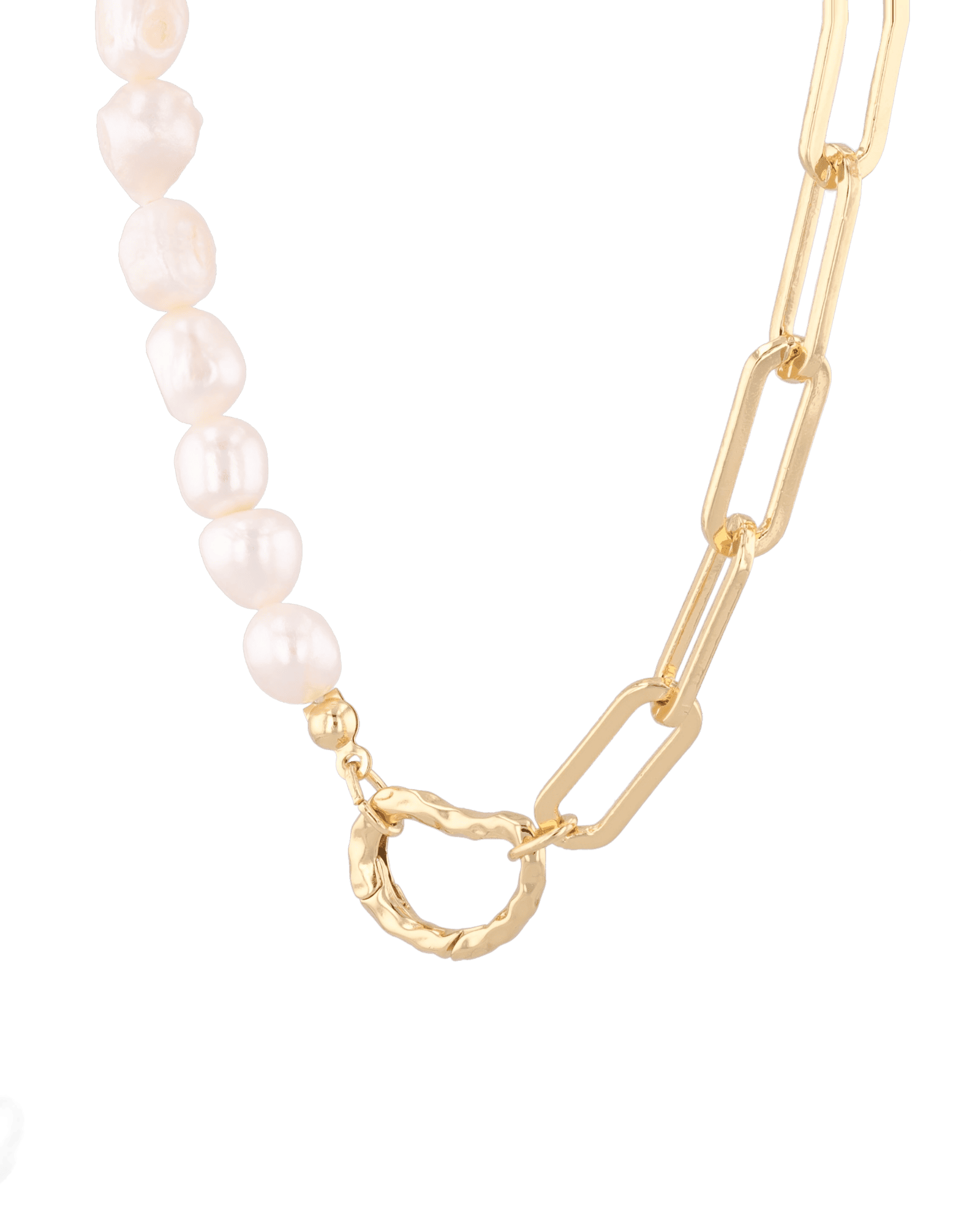 Costa Rica Gold Charm Necklace by Lavana, half pearl half paperclip chain with openable heart clasp
