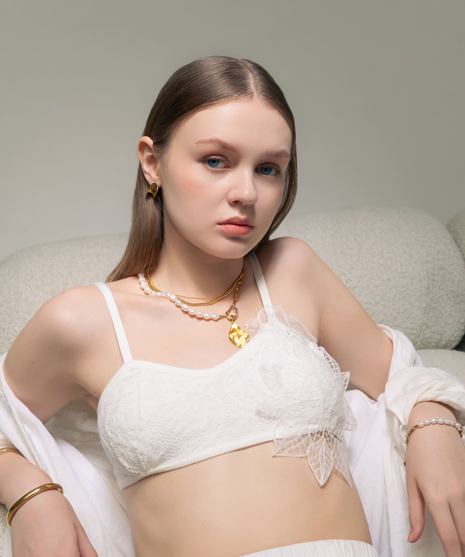 Costa Rica Gold Charm Necklace by Lavana, on model modern half pearl half paperclip chain with openable heart clasp