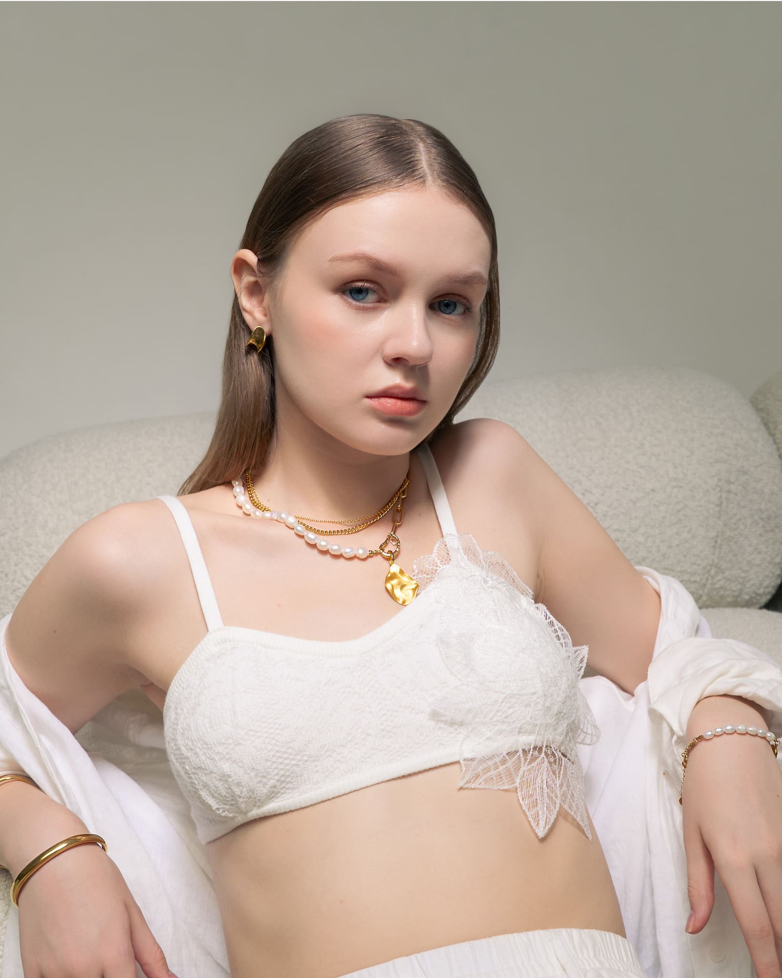 Costa Rica Gold Charm Necklace by Lavana, on model modern half pearl half paperclip chain with openable heart clasp