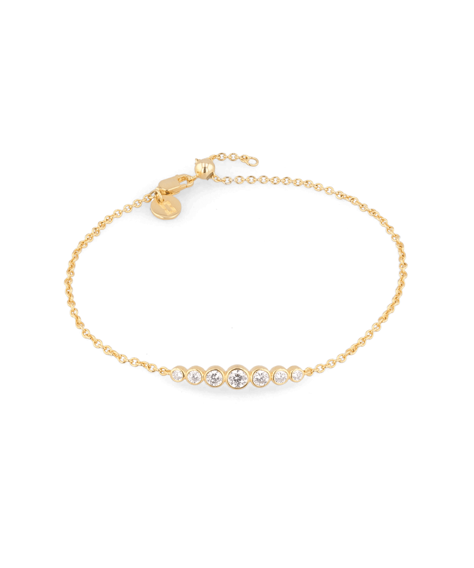 Crescendo gold diamond bracelet by Lavana, with graduating bezel set lab grown diamonds and slider adjuster