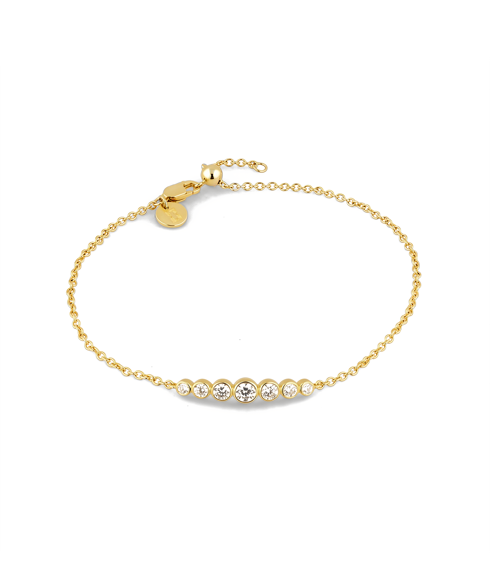 Crescendo gold diamond bracelet by Lavana, with graduating bezel set lab grown diamonds and slider adjuster