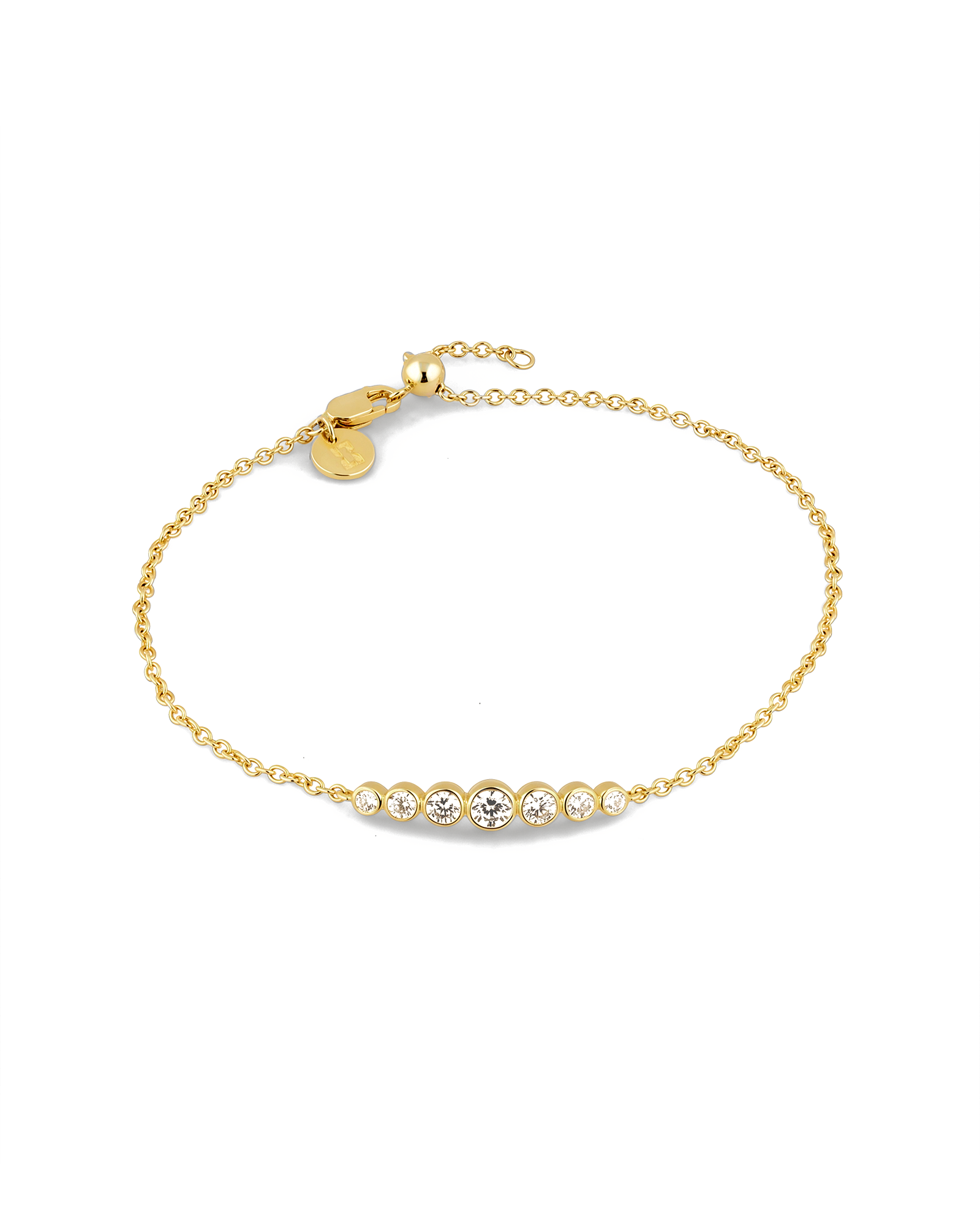 Crescendo gold diamond bracelet by Lavana, with graduating bezel set lab grown diamonds and slider adjuster