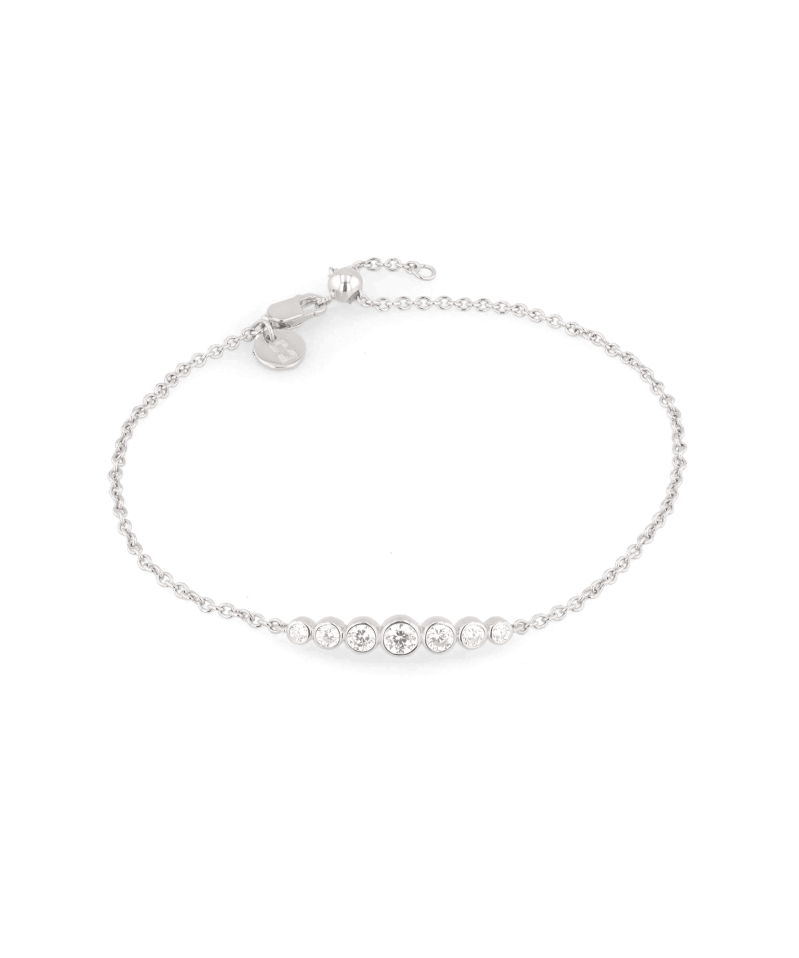 Crescendo silver diamond bracelet by Lavana, with graduating bezel set lab grown diamonds and slider adjuster