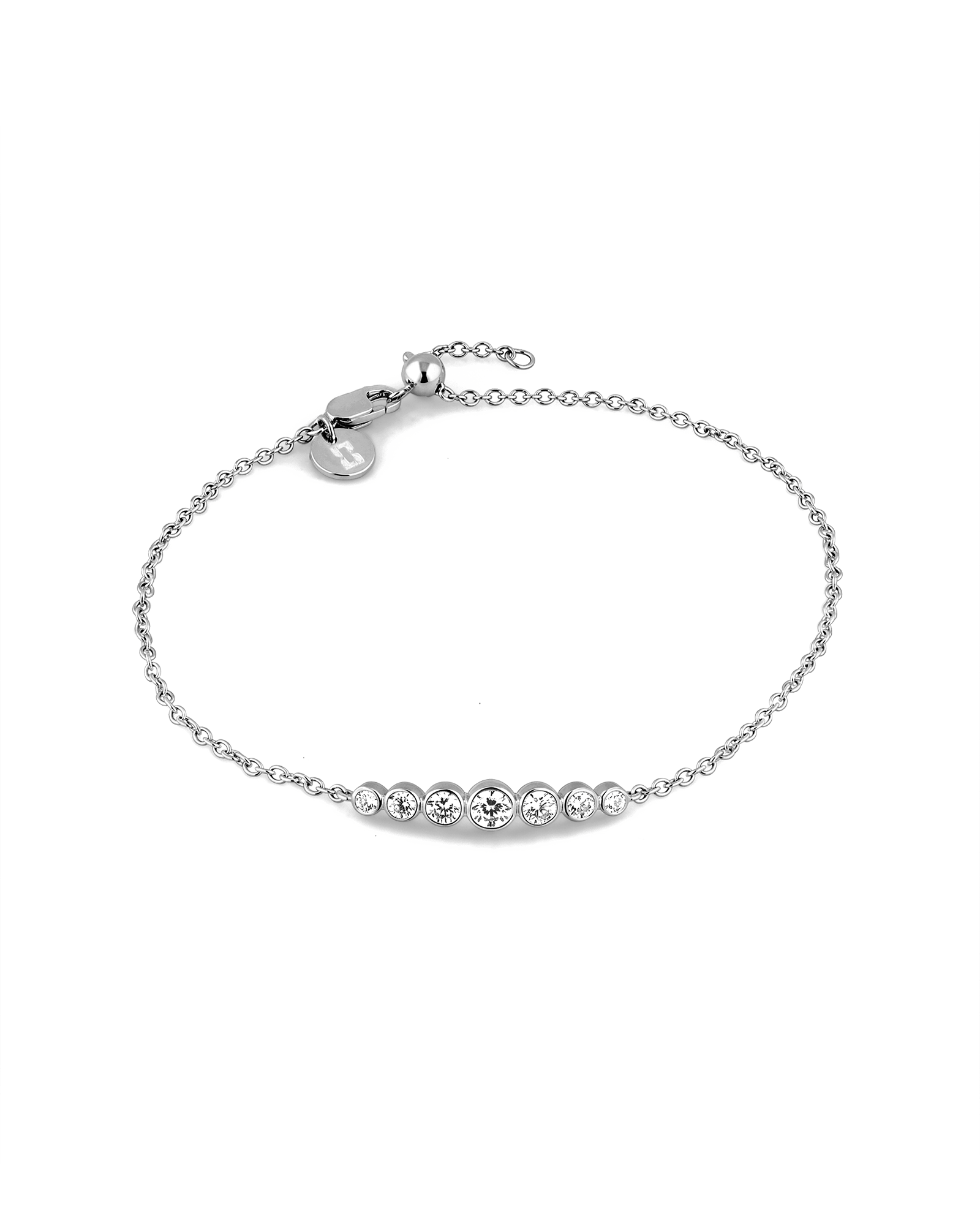 Crescendo silver diamond bracelet by Lavana, with graduating bezel set lab grown diamonds and slider adjuster