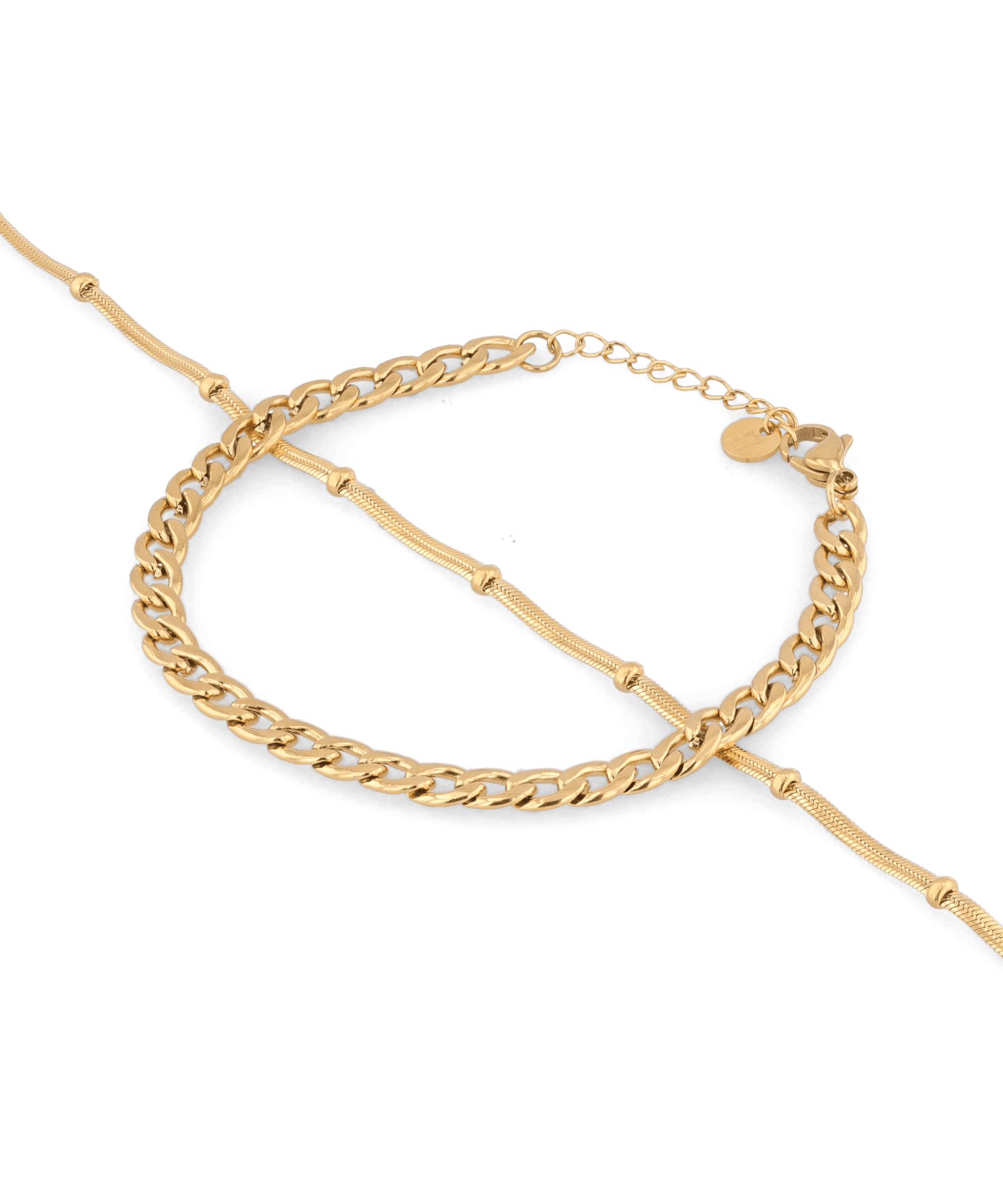 Cuban Duet Gold Bracelet Set by Lavana, curb chain and smooth bar bracelet with bead accents - 1