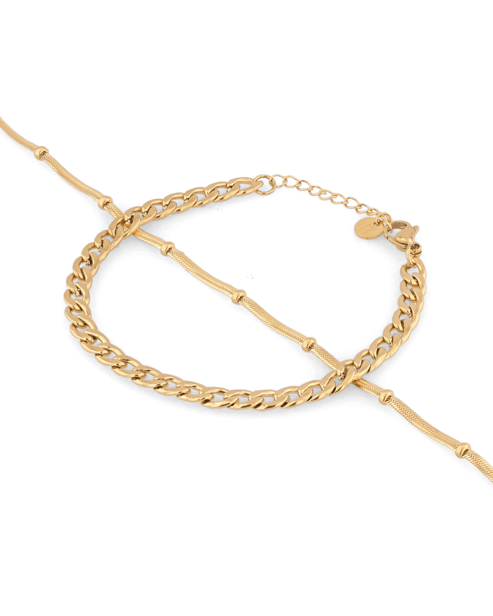 Cuban Duet Gold Bracelet Set by Lavana, curb chain and smooth bar bracelet with bead accents - 1