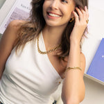 Cuban Duet Gold Bracelet Set by Lavana, on model curb chain and smooth bar modern bracelet with bead accents