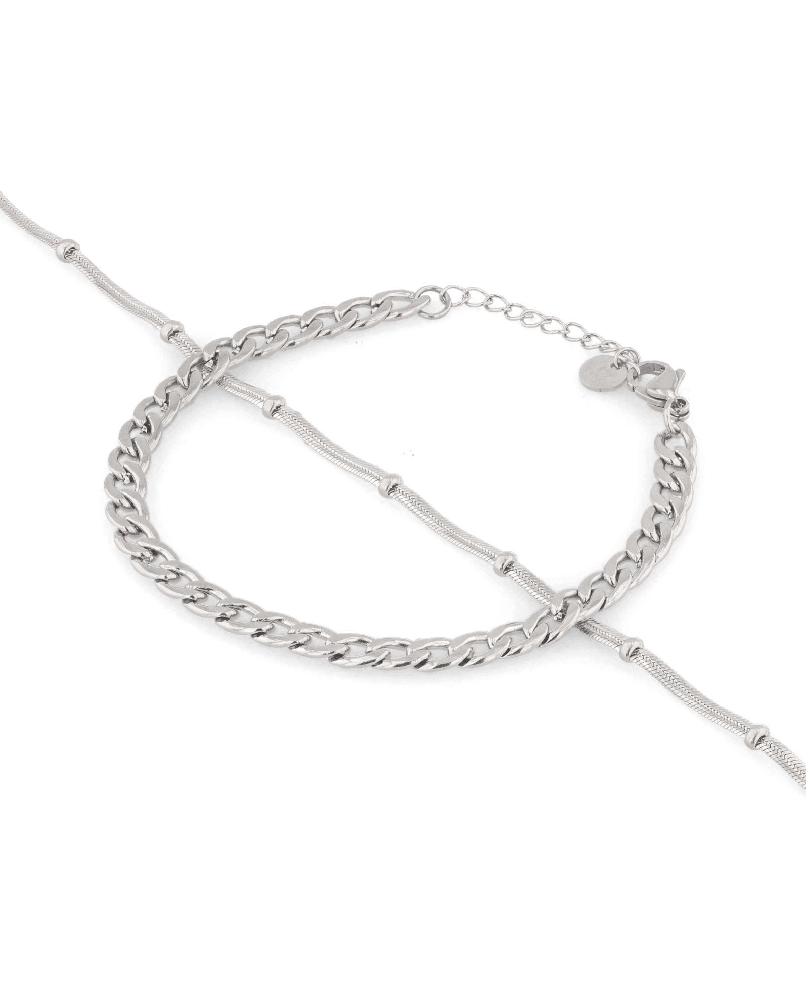 Cuban Duet Silver Bracelet Set by Lavana, curb chain and smooth bar bracelet with bead accents - 1