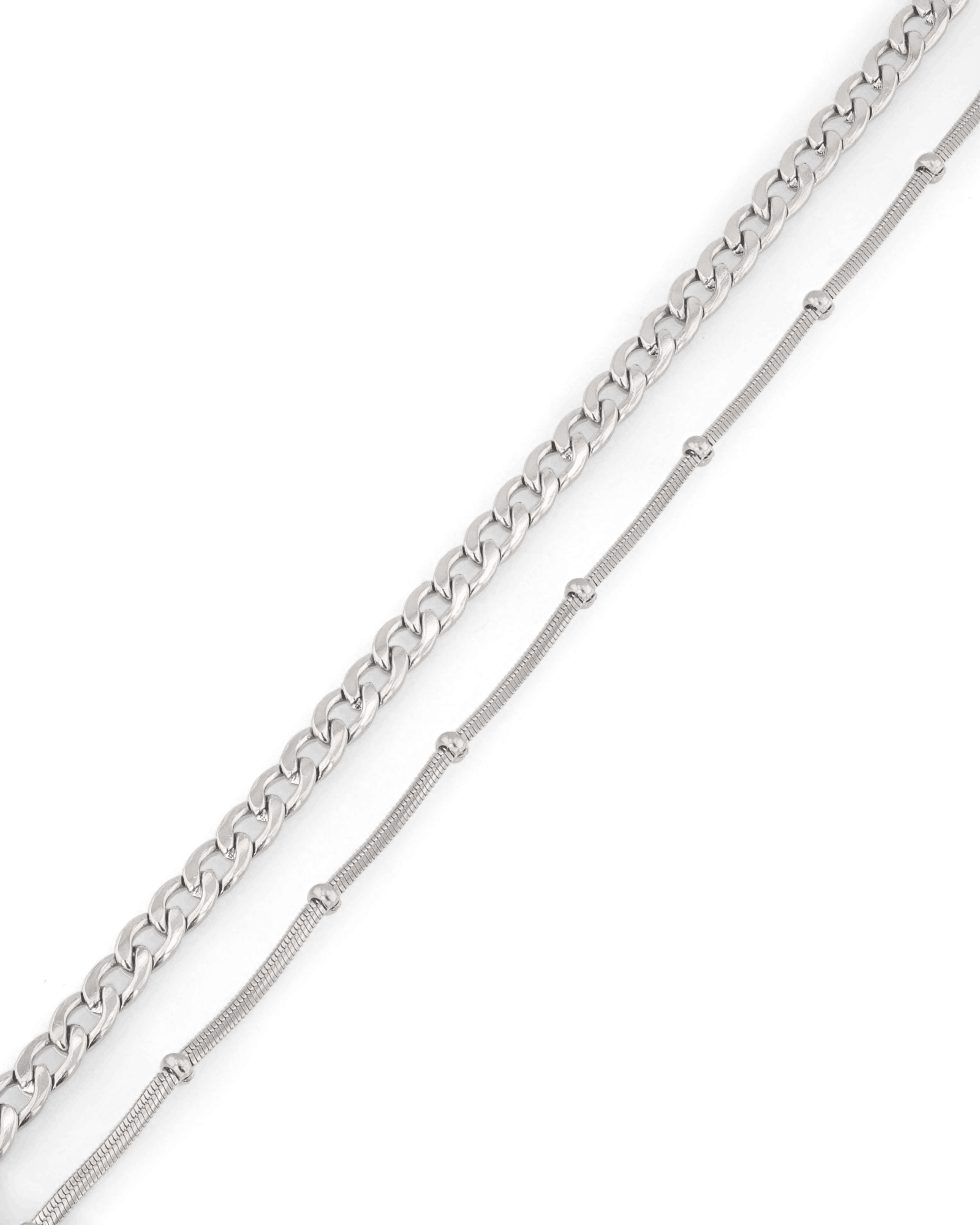 Cuban Duet Silver Bracelet Set by Lavana, curb chain and smooth bar bracelet with bead accents - 2