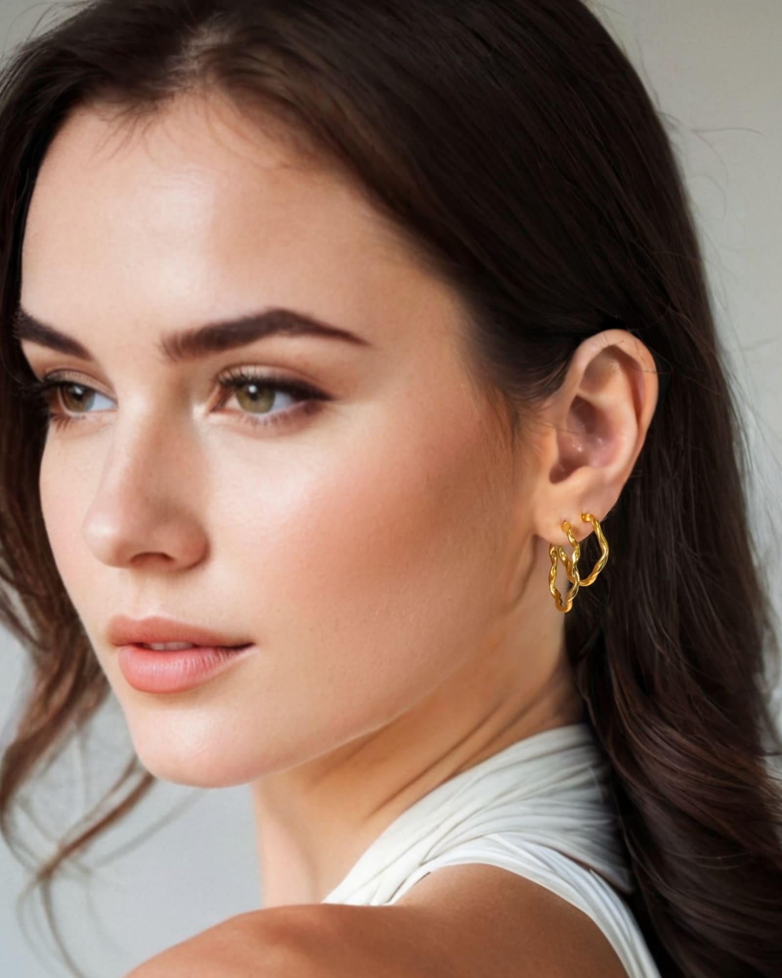 Dance Gold Hoop Earrings Medium and Large by Lavana on model slim ribbon twist hoop with polished finish