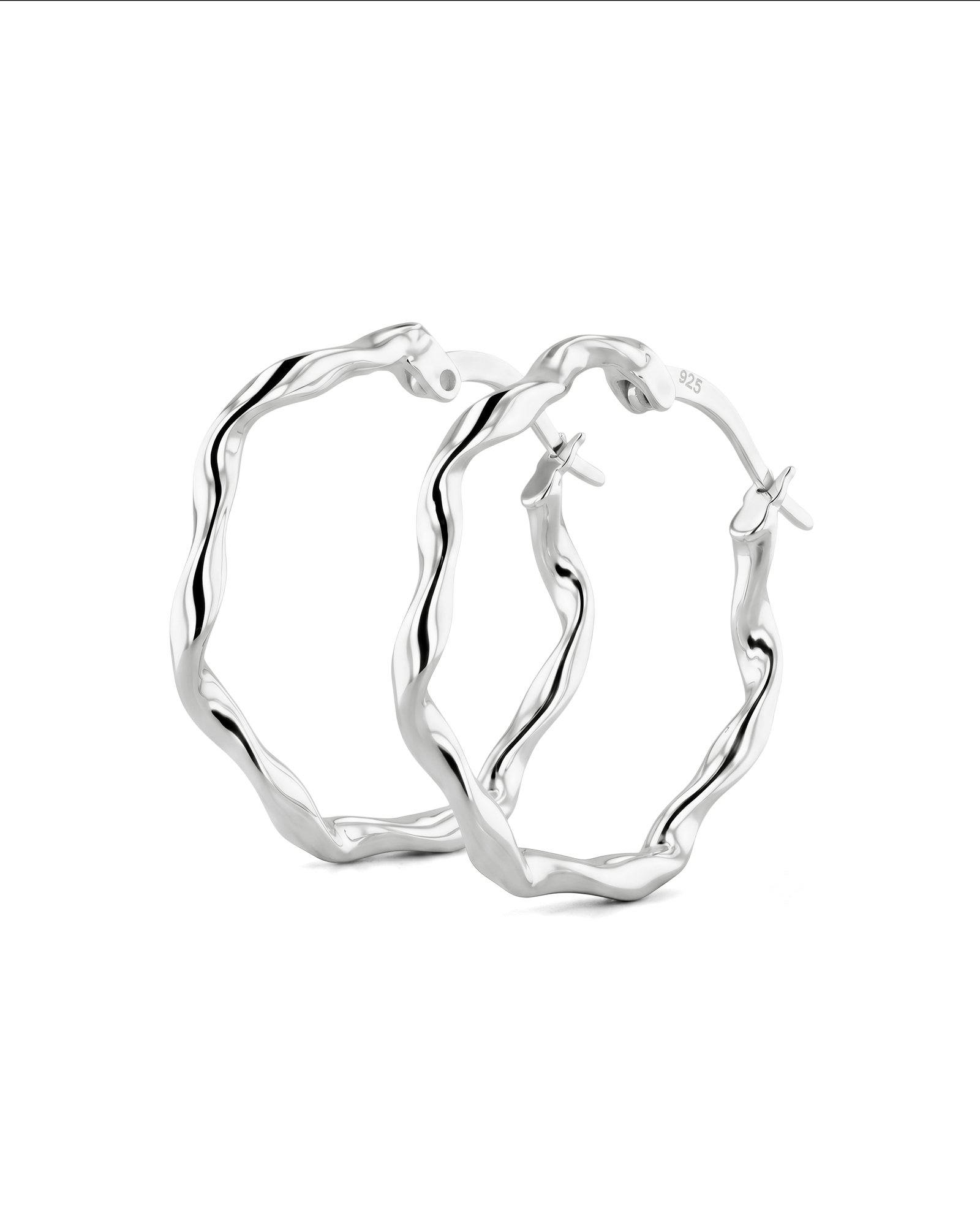 Dance Silver Hoop Earrings by Lavana, ribbon twist slim hoop with cool gloss