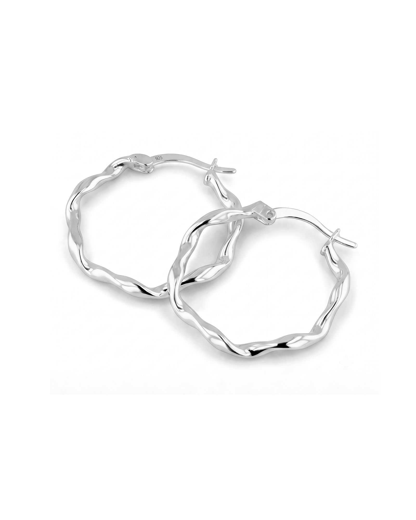 Dance Silver Hoop Earrings by Lavana, ribbon twist slim hoop with cool gloss