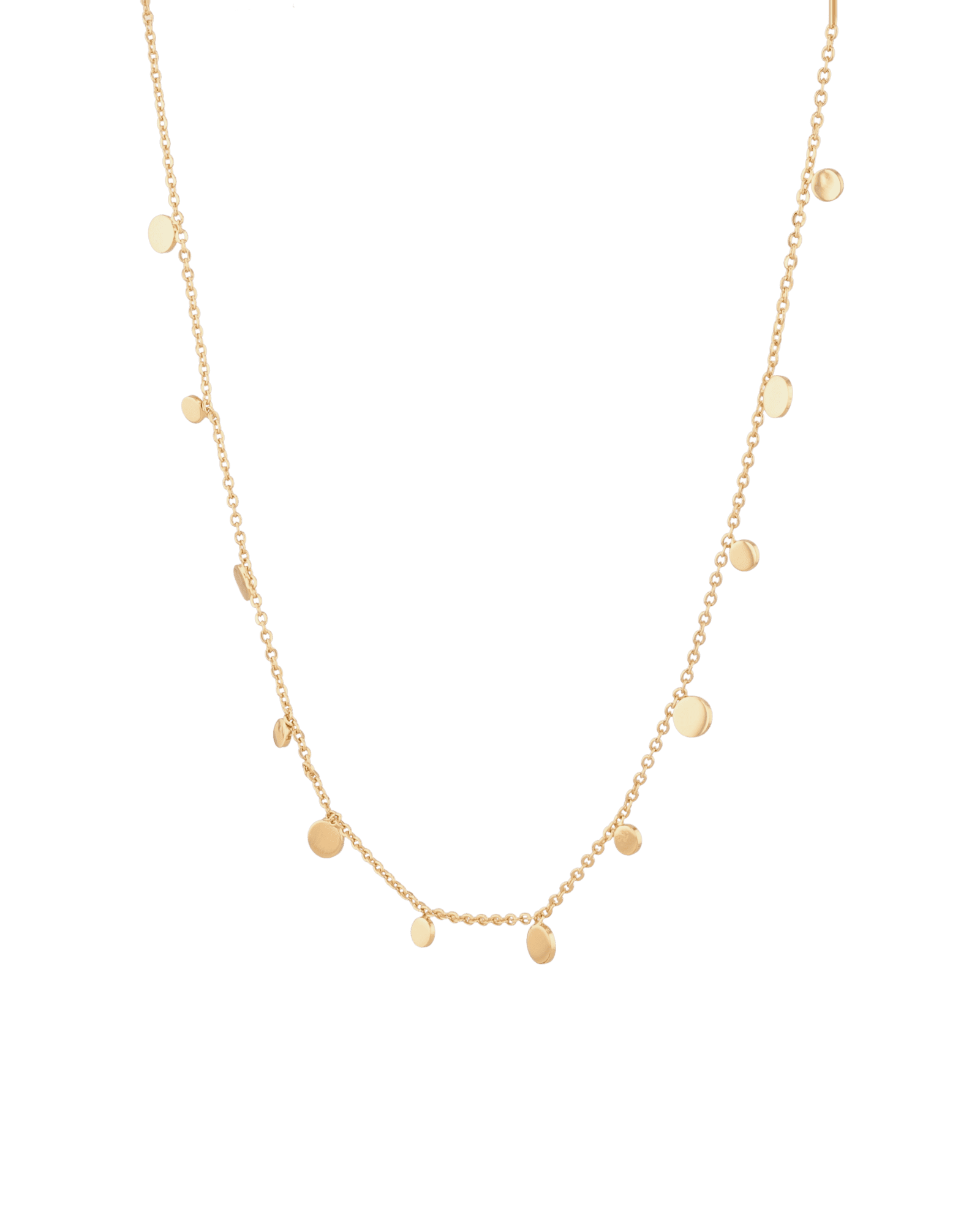 Dancing Discs Angle Chain Necklace by Lavana, fine chain with scattered polished discs, angled view