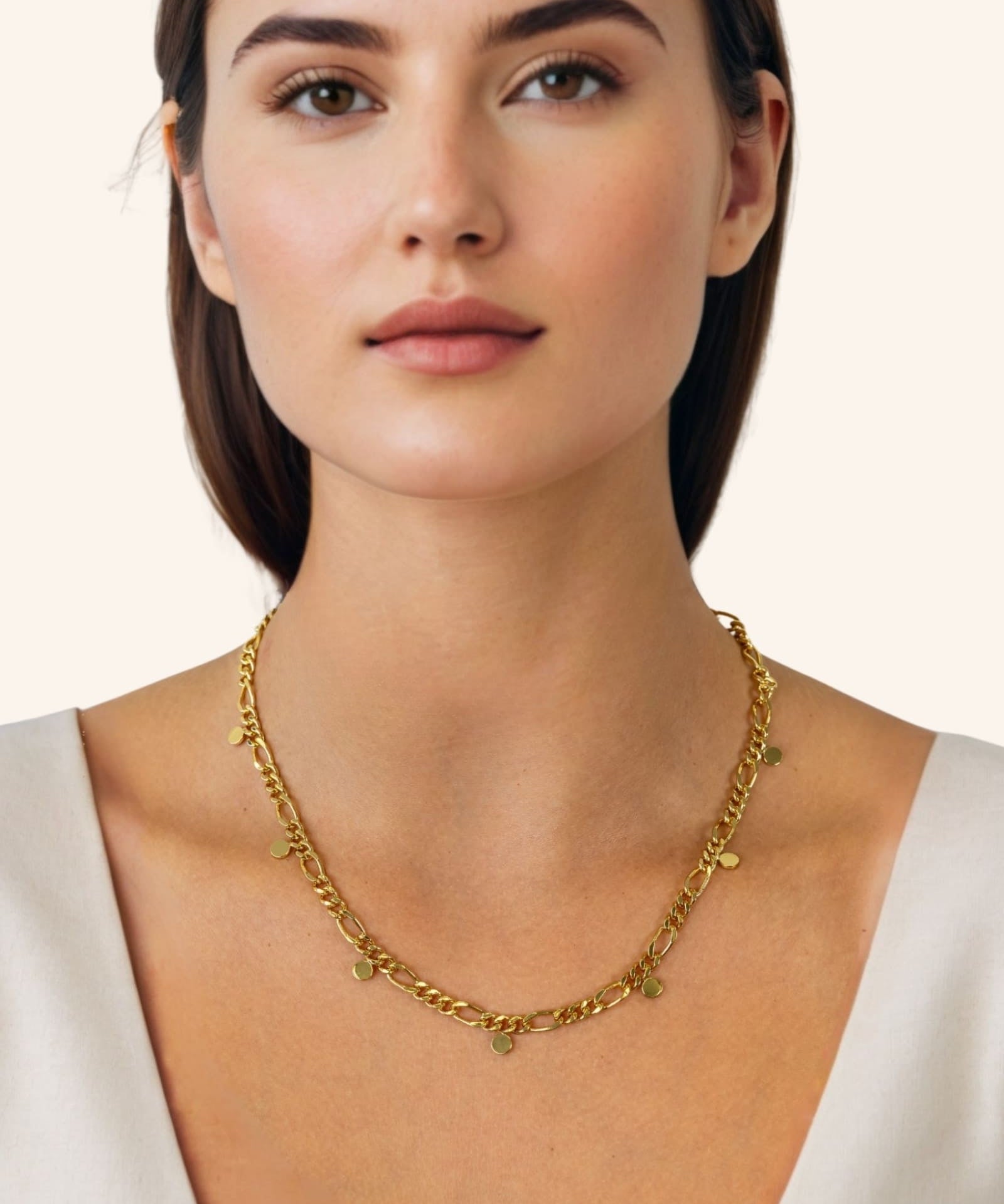 Dancing Discs Figaro Gold Chain Necklace by Lavana, on model figaro links with small polished discs